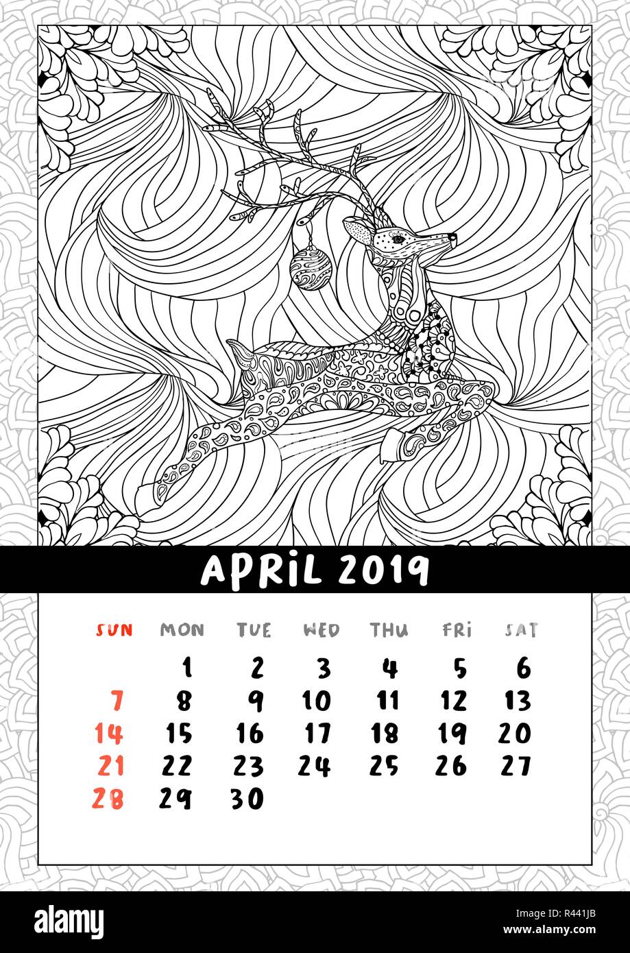 Le cerf de Noël, calendrier Calendrier 2019 avril année. Poster livre de coloriage pour adultes et enfants avec les traditionnelles fêtes de renne symbole avec le ballon. Vector illustration noir et blanc de style doodle Illustration de Vecteur