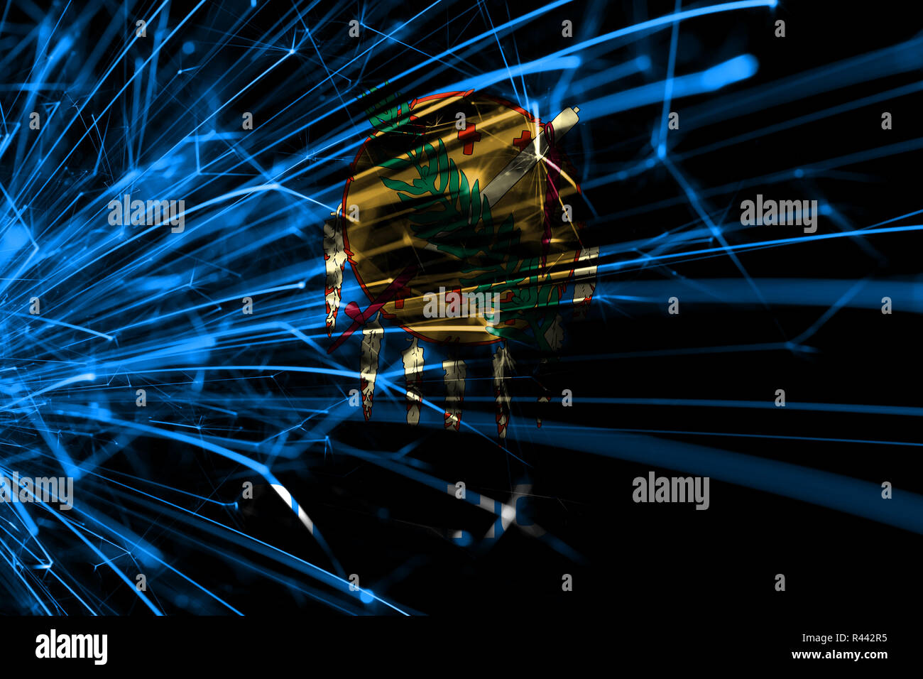 Résumé L'Oklahoma drapeau mousseux d'artifice. Noël et Nouvel An, Journée nationale concept. États-unis d'Amérique Banque D'Images