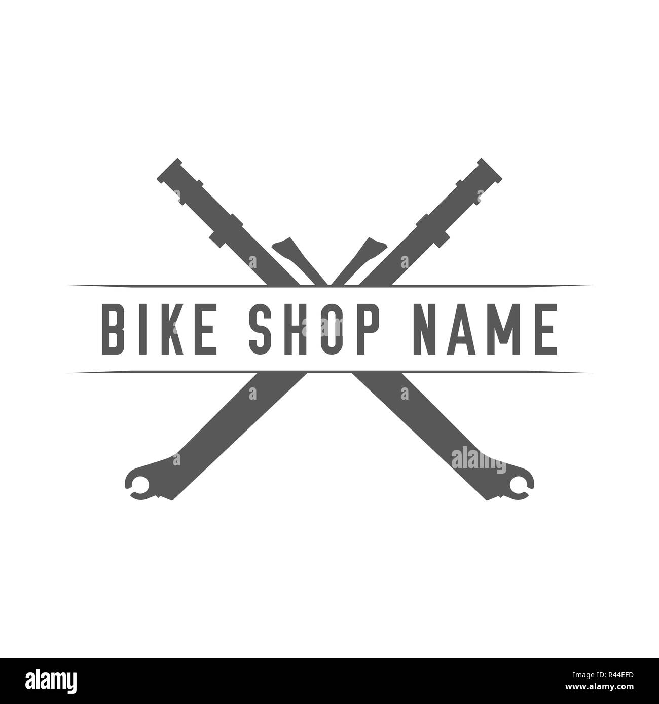 Vélos Boutique emblème. L'élément de conception pour Bike Shop ou bannière publicitaire. Fourches croisées et le lieu de votre Bike Shop Nom, Illustration Monochrome. Banque D'Images