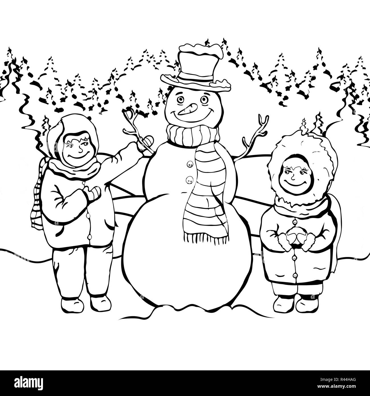 Les enfants font le Snowman, coloriage, dessin, caricature contour linéaire vector illustration noir et blanc, maison de l'arrière-plan. Mignon peint un garçon et fille Illustration de Vecteur