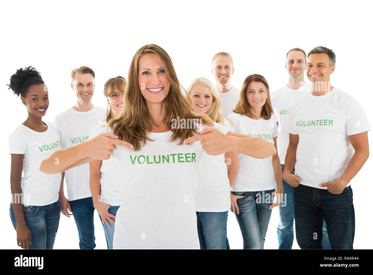Happy Woman Showing Volunteer Texte sur Tshirt Banque D'Images