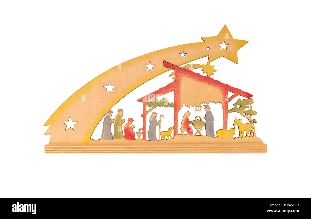 Crèche de Noël, plat en bois, isolé sur un fond blanc avec un chemin de détourage et copy space Banque D'Images