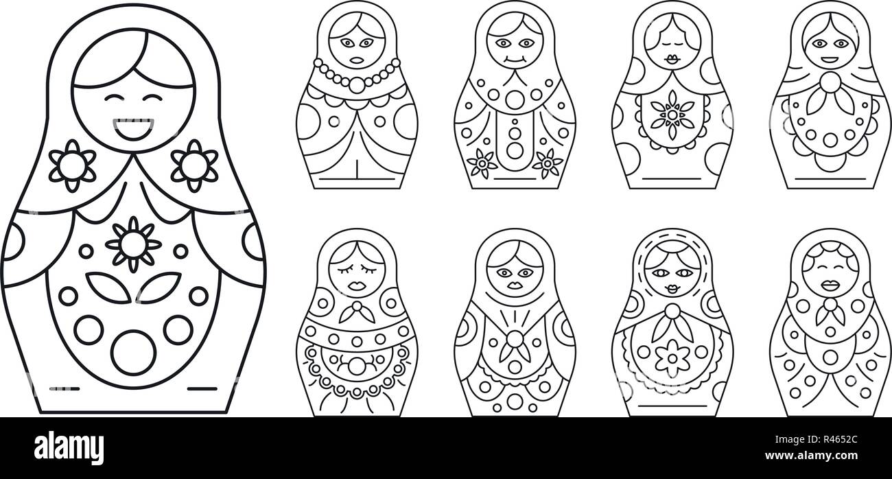 Matrioshka russe icon set. Contours ensemble d'icônes russes matrioshka vector pour la conception web isolé sur fond blanc Illustration de Vecteur