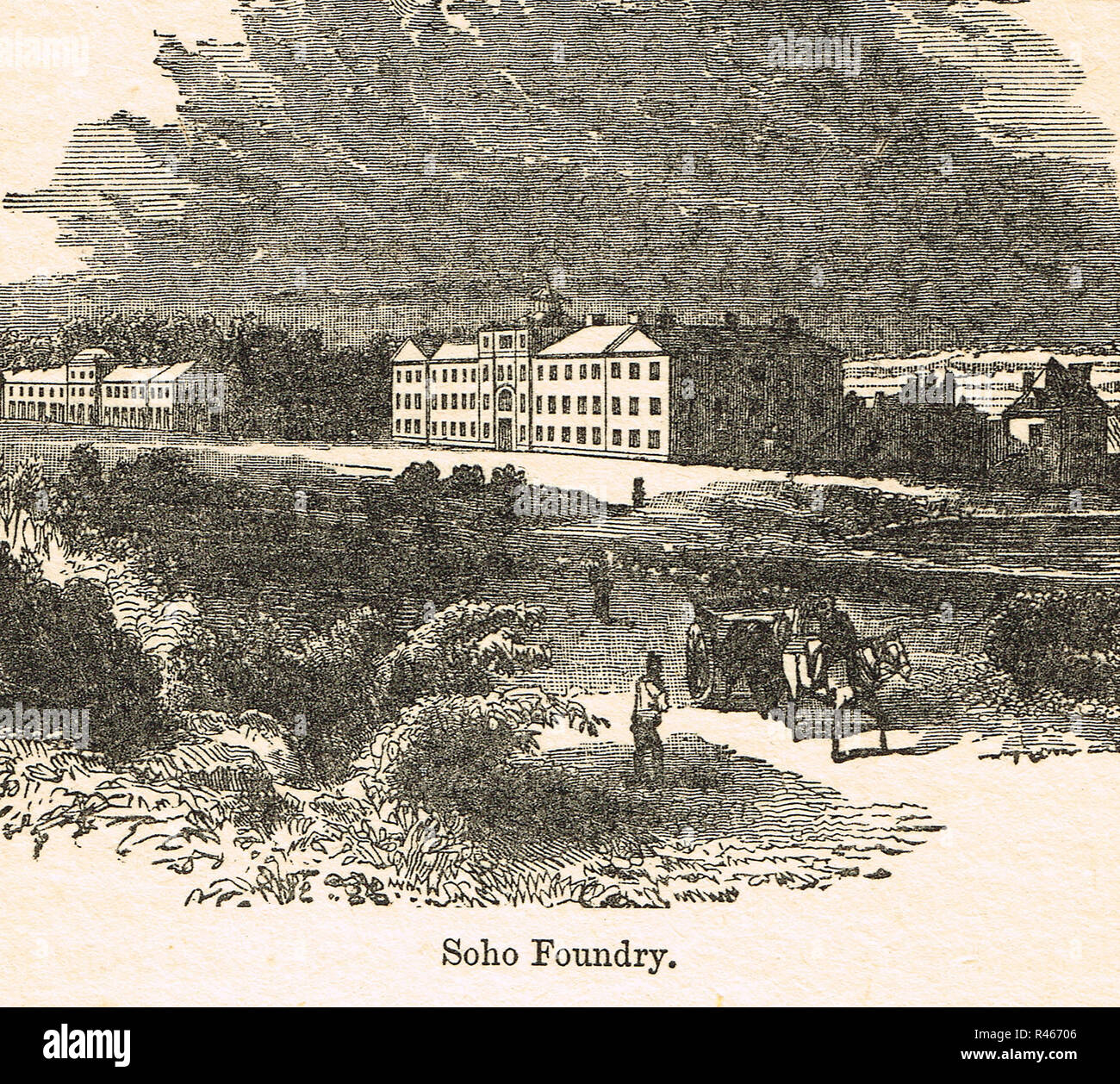 La fonderie de Soho, l'usine créée en 1795 par Matthew Boulton et James Watt, et leur fils Matthew Boulton et James Watt Robinson Jr, dans Smethwick, West Midlands, Angleterre, pour la fabrication de locomotives à vapeur. Il est d'une importance capitale tant pour l'histoire de la révolution industrielle et à l'étude de l'évolution de la théorie de la gestion. Banque D'Images