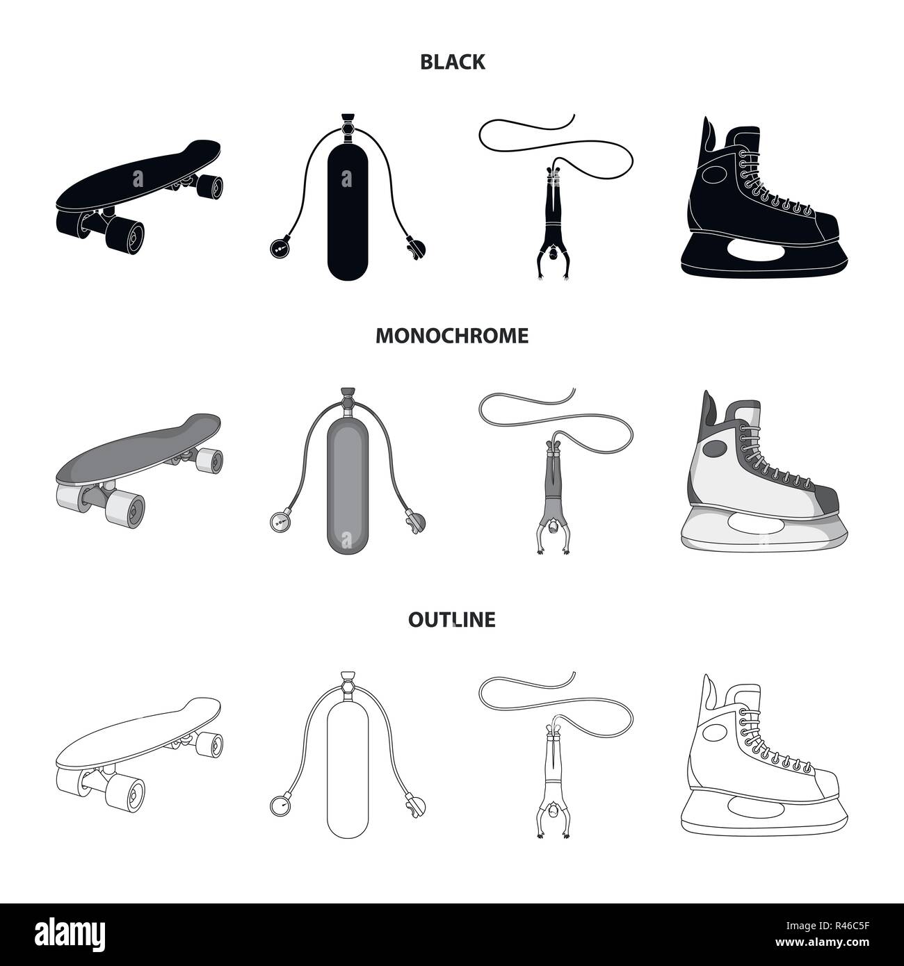 Skateboard, réservoir d'oxygène pour la plongée sous-marine, saut à ski, patin de hockey.sport extrême set icônes collection en noir monochrome,style,contour symbole vecteur mauvais stock Illustration de Vecteur
