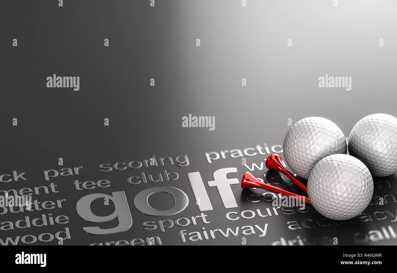 3D illustration de trois balles de golf et tés sur fond noir avec des mots associés. Banque D'Images