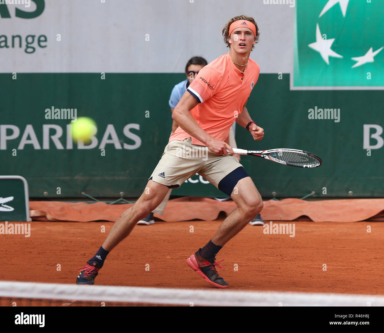 Le joueur de tennis allemand Alexander Zverev jouant dans le tournoi de tennis Open de France 2018, Paris, France Banque D'Images