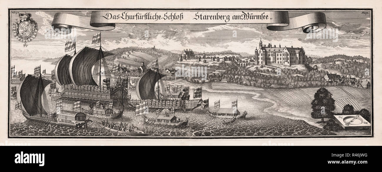 Michael wening - Lac de Starnberg,avec pompe ship bucentaur (gravure sur cuivre vers 1700) Banque D'Images