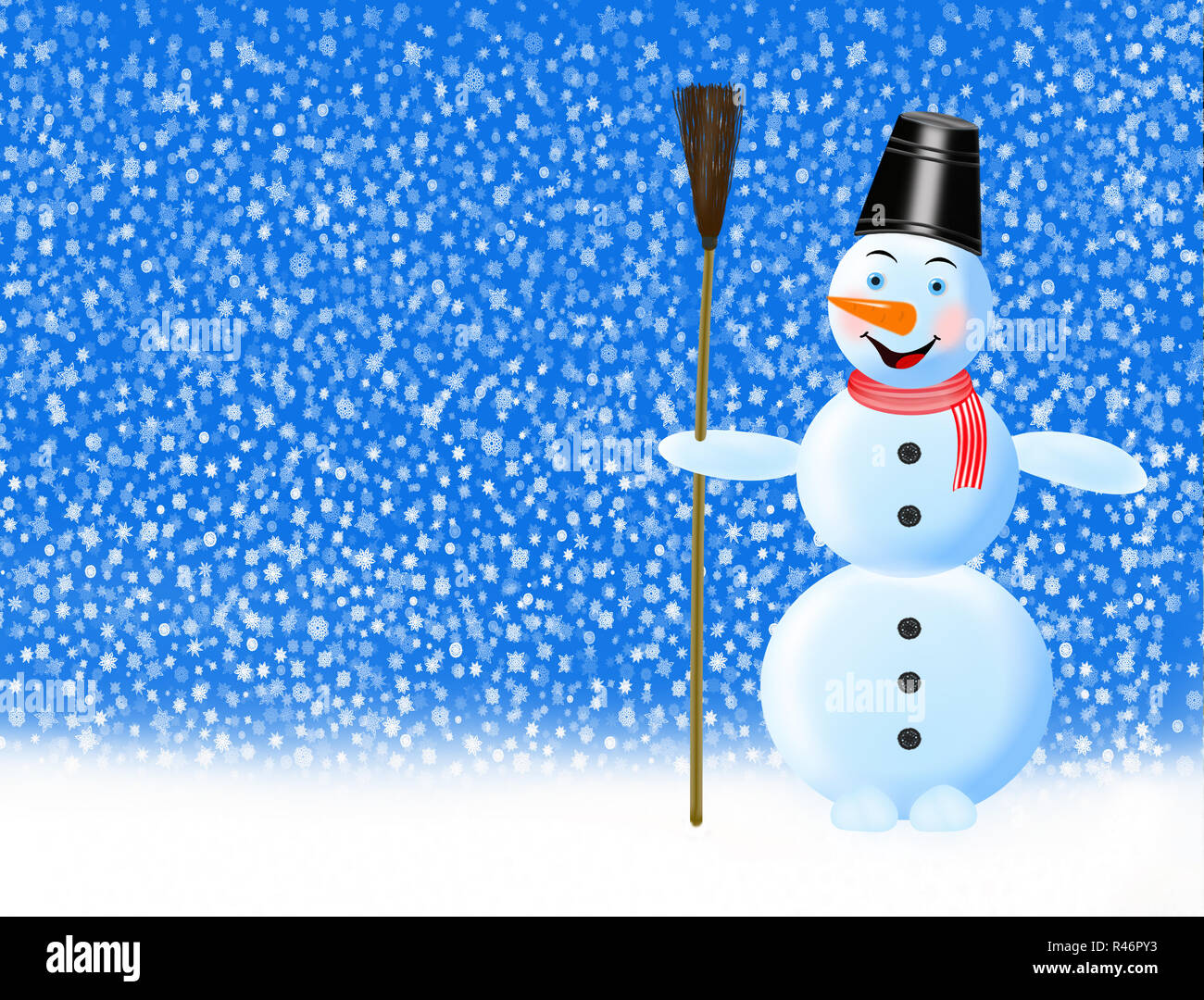 Snowman fabuleux et les flocons de tomber sur le sol Banque D'Images
