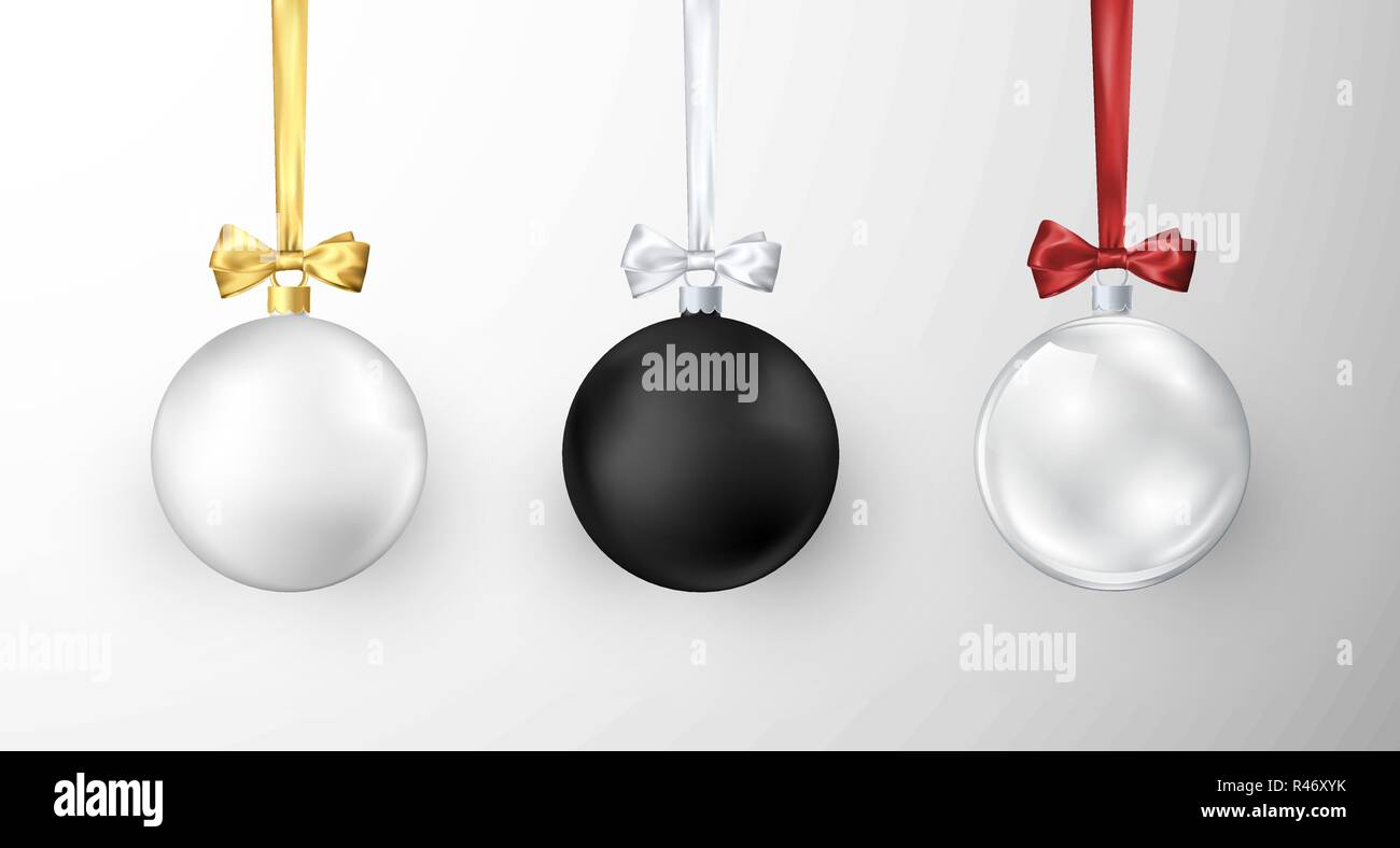Jeu de boules de Noël. Brillant réaliste Noël et la nouvelle année, des décorations de l'arbre. Blanc Noir et verre traditionnelles fêtes de Noël boules réalistes. Vect Illustration de Vecteur