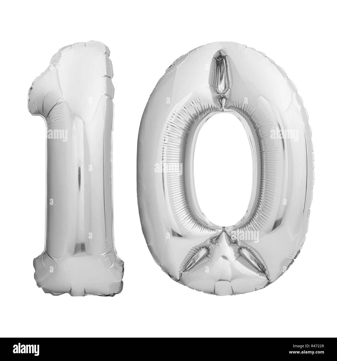 Numéro 10 en argent ballon gonflable isolated on white Banque D'Images