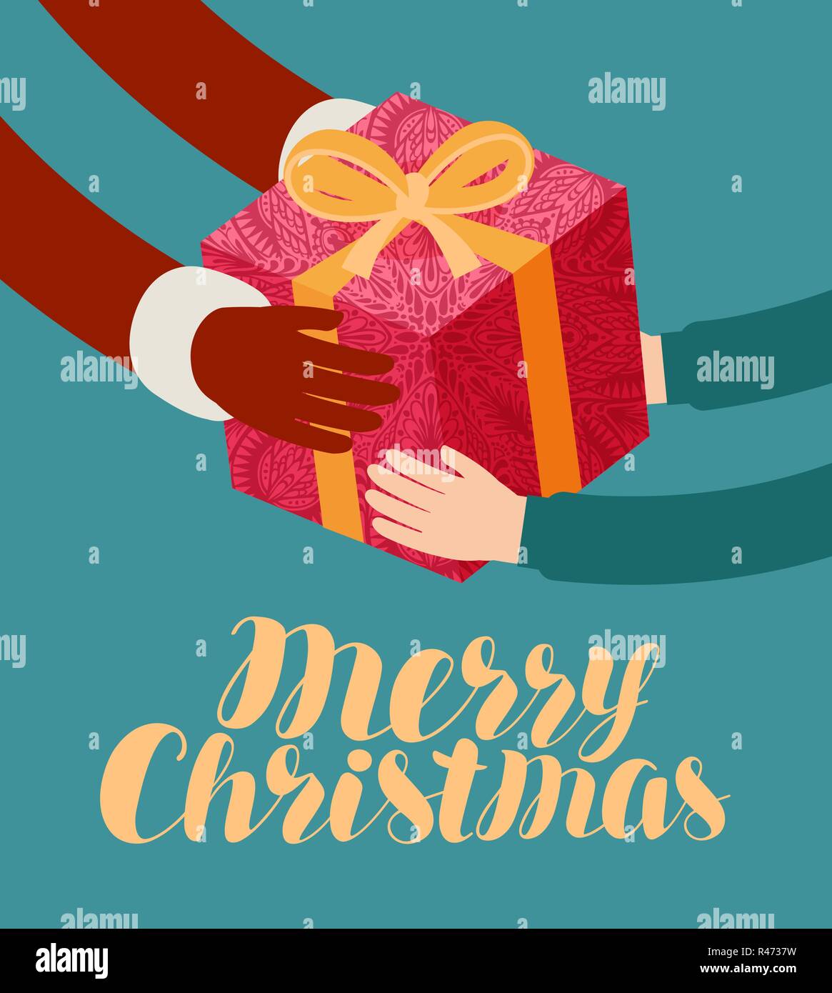 Noël, carte de vœux. Le Père Noël donne un don. Cartoon vector illustration Illustration de Vecteur