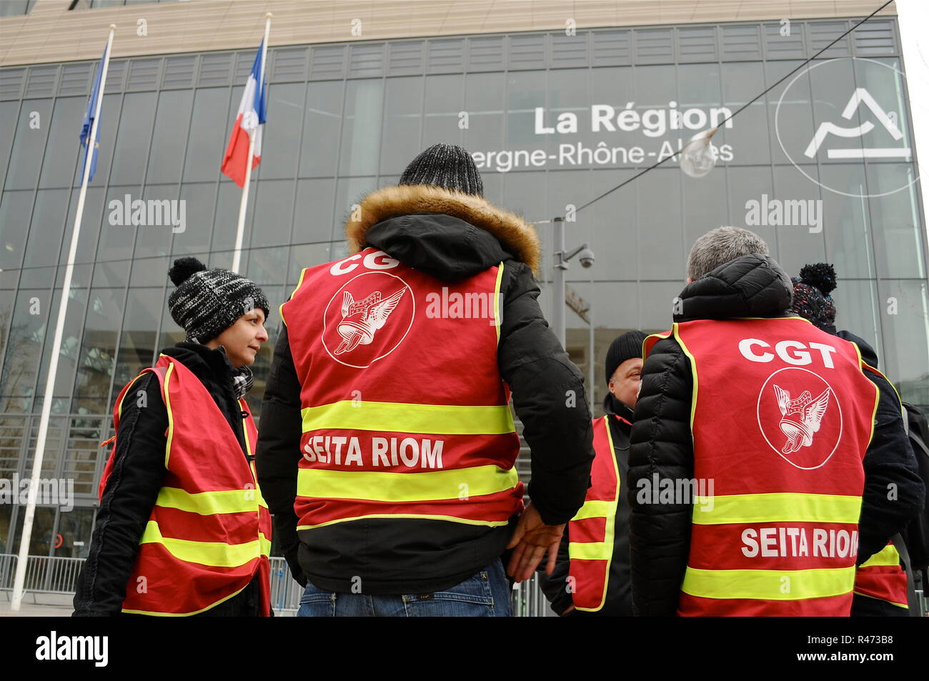 Les employés de la SEITA Riom protester contre la fermeture de l'atelier, Lyon, France Banque D'Images