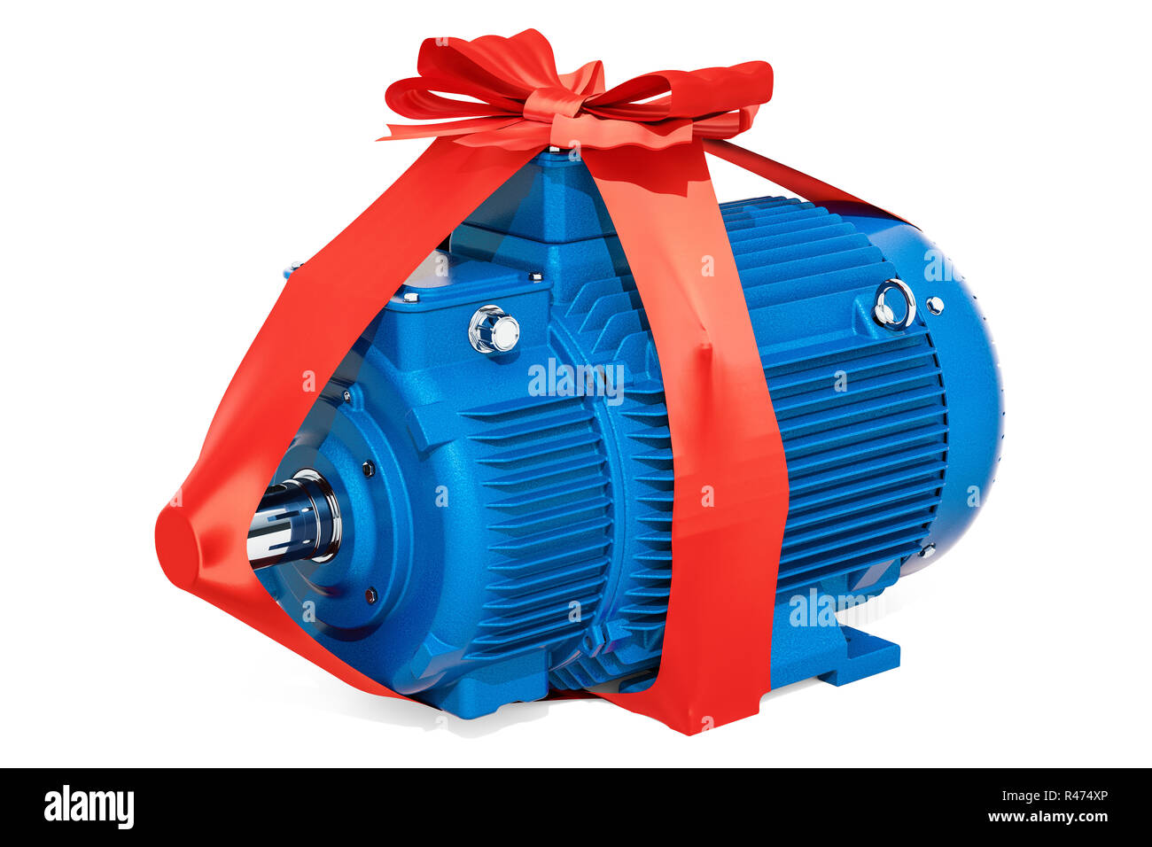 Moteur électrique industriel avec noeud et ruban, cadeau concept. Le rendu 3D isolé sur fond blanc Banque D'Images