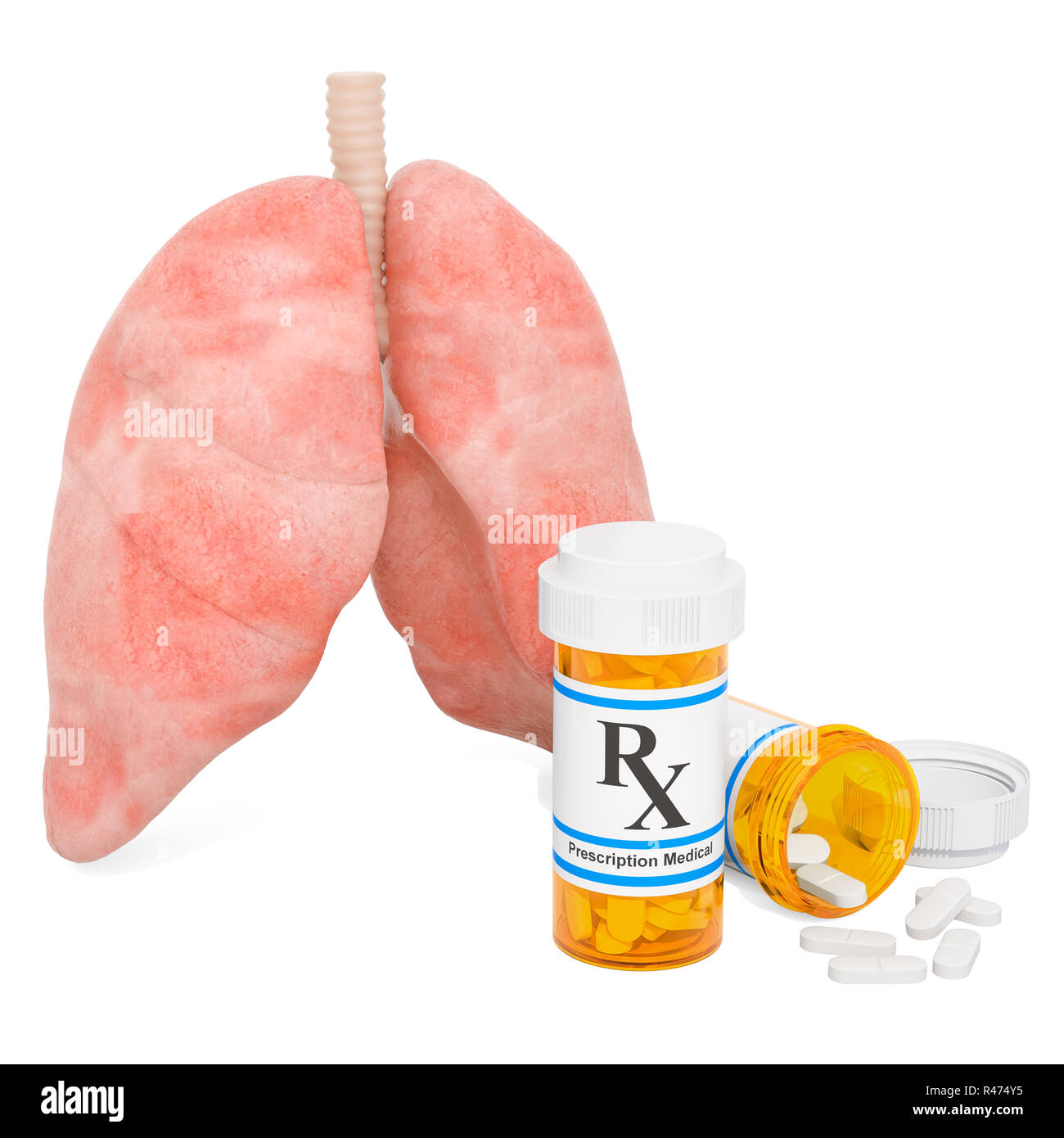 Les poumons et les drogues concept. Les poumons humains avec des bouteilles et des pilules, rendu 3D isolé sur fond blanc Banque D'Images