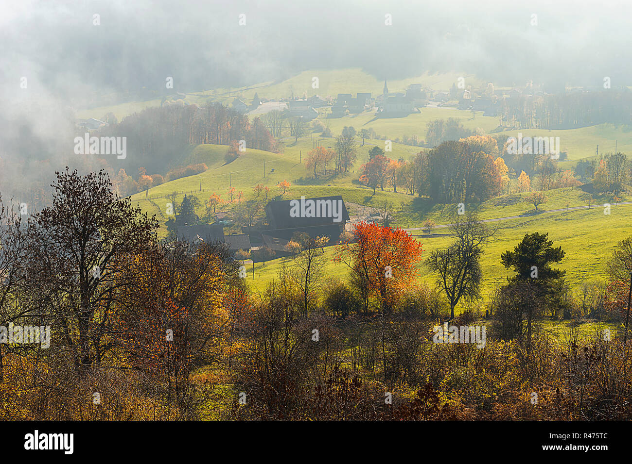 Nebelstimmung avec la lumière du soleil dans les montagnes du Jura Banque D'Images