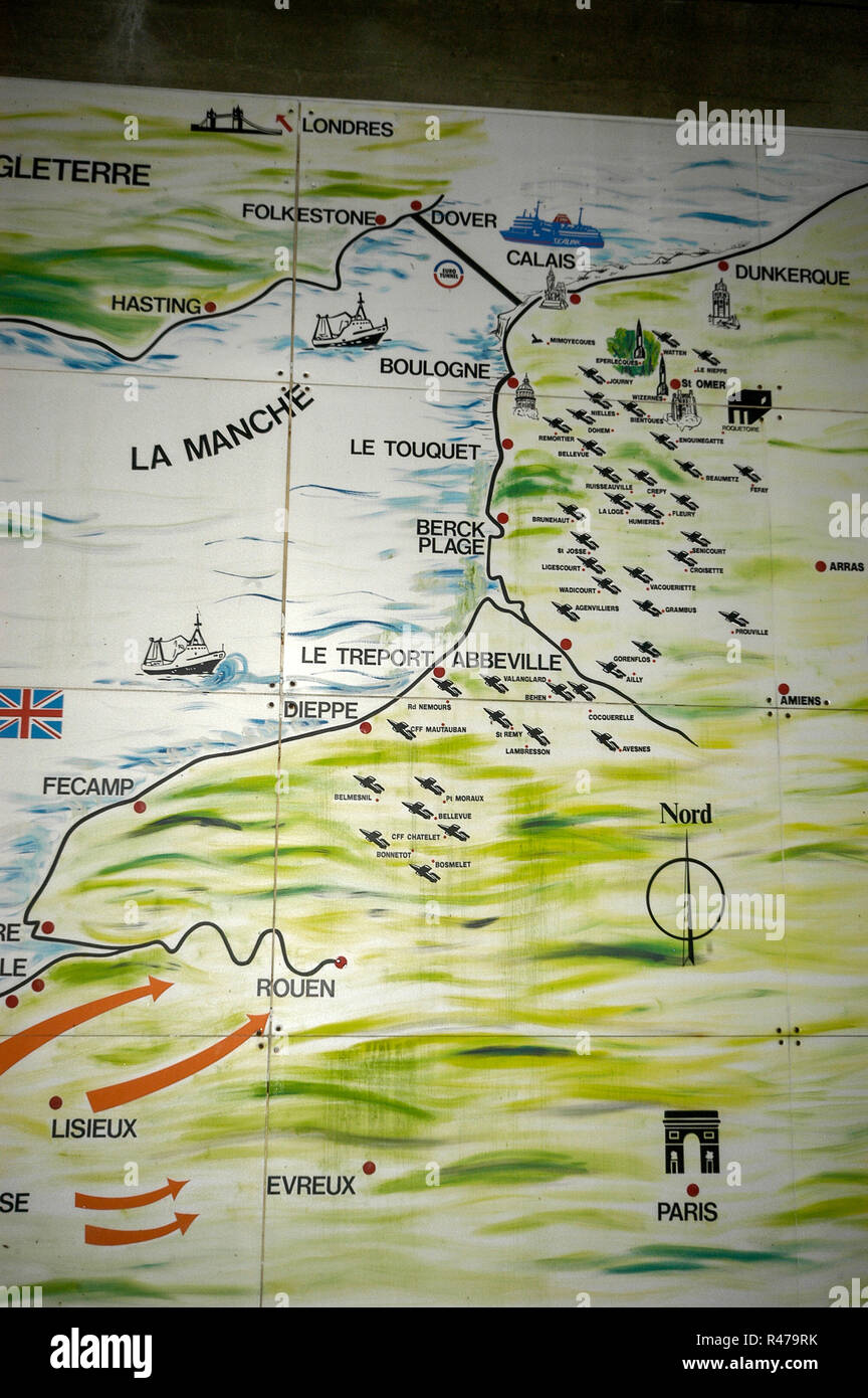 Une carte murale de V1 & V2 rocket ( bombe volante) sites disséminés dans le Nord de la France à la fin de WW11 Banque D'Images