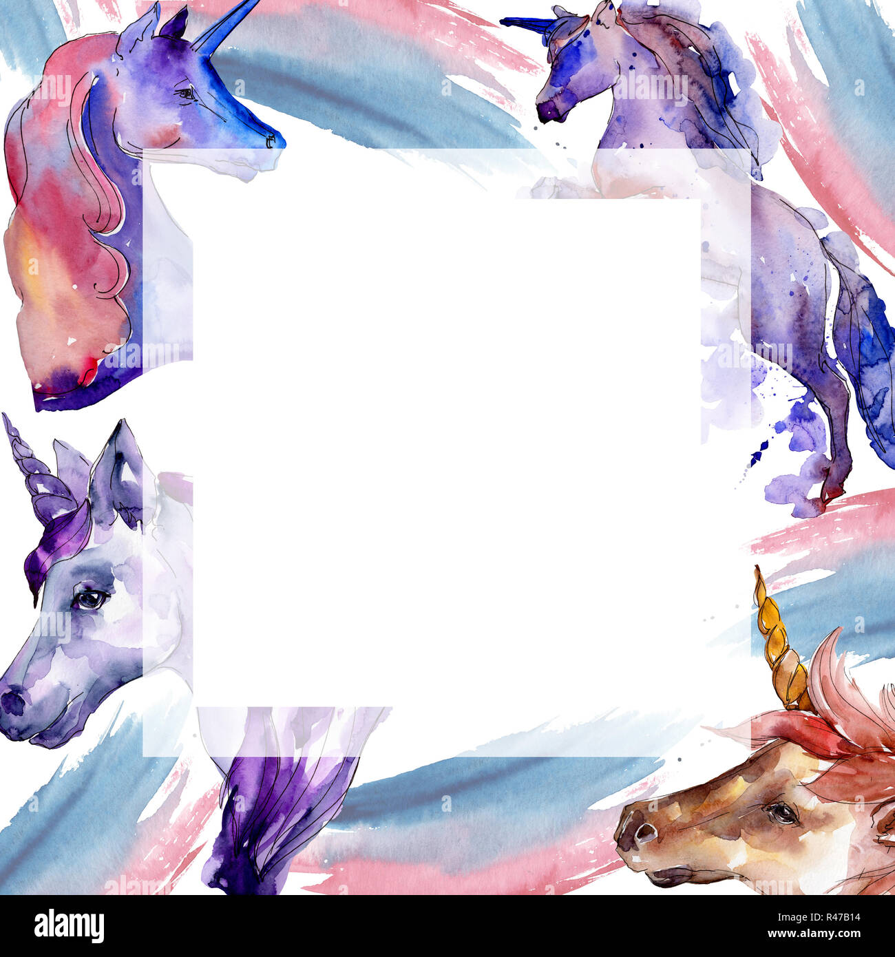 L'unicorn mignon. Enfants fées sweet dream. Fond d'aquarelle. Bordure de cadre carré ornement. Banque D'Images