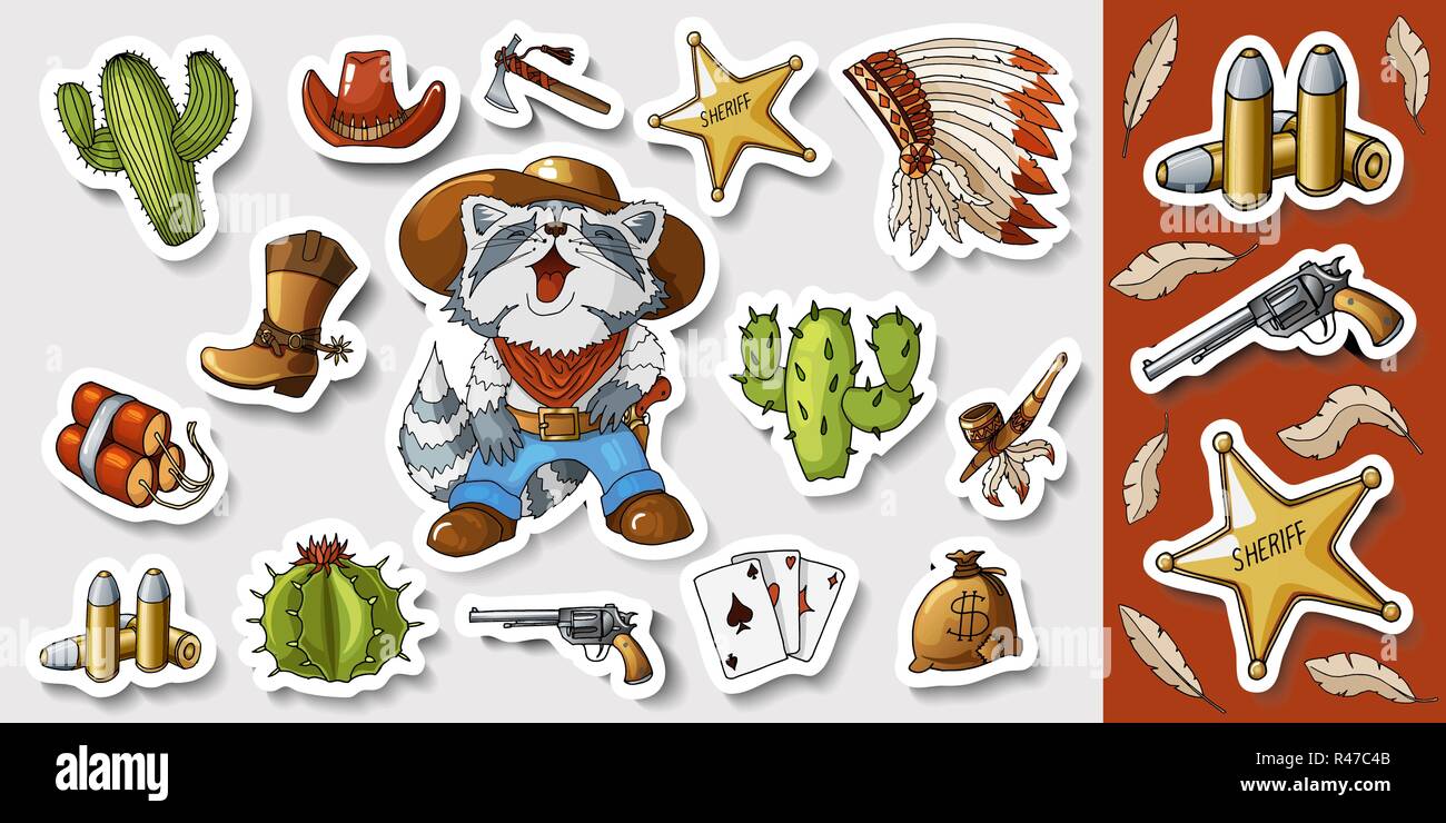 Western wild west art stickers set. Pistolet, des balles, cactus et beaucoup d'autres articles Illustration de Vecteur