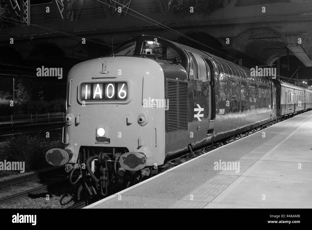 Class 55, 9009 Alycidon Deltic, à station de Peterborough avec le Talisman railtour Banque D'Images