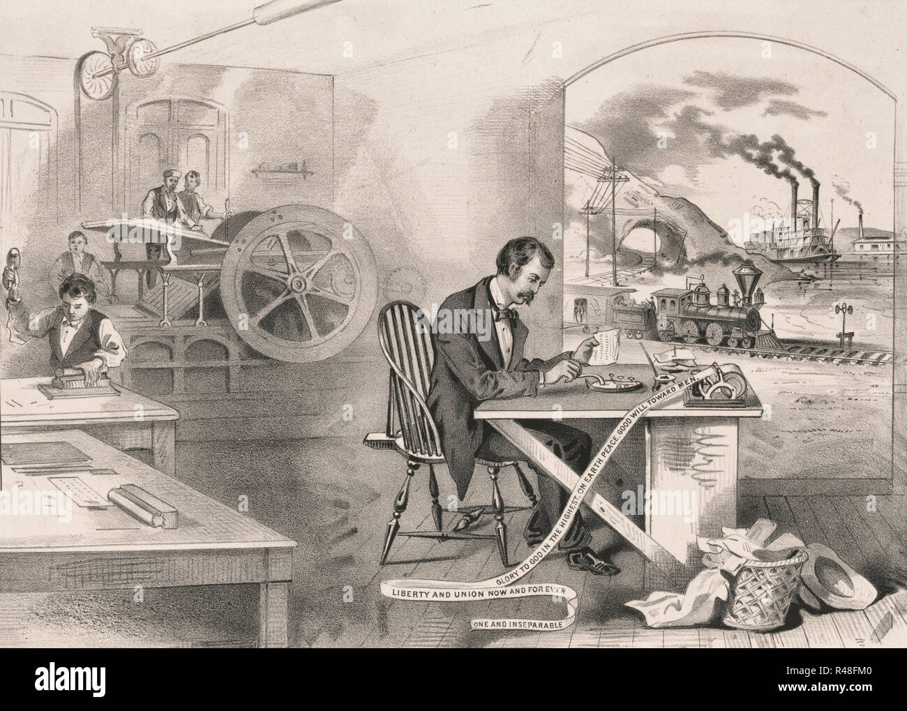 Les progrès du siècle - la vapeur de la foudre, le télégraphe électrique, la locomotive, et la vapeur. L'homme en utilisant le télégraphe en premier plan ; en arrière-plan sont des gens à l'aide de la presse à vapeur, vapeur, et de locomotive. 1876 Banque D'Images