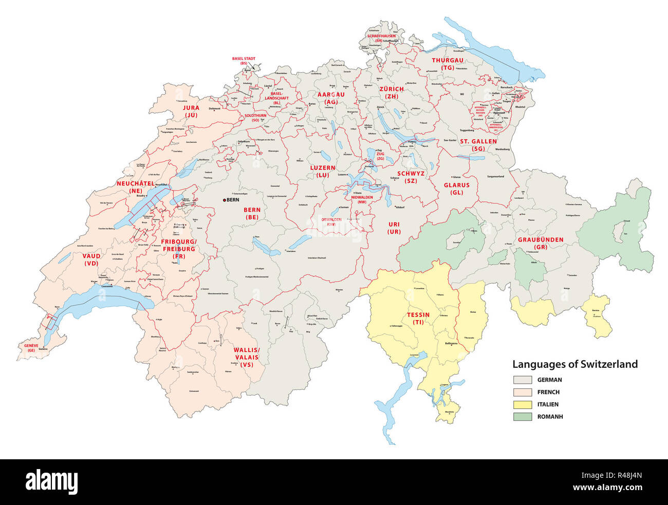 Langues officielles de la suisse carte Banque D'Images