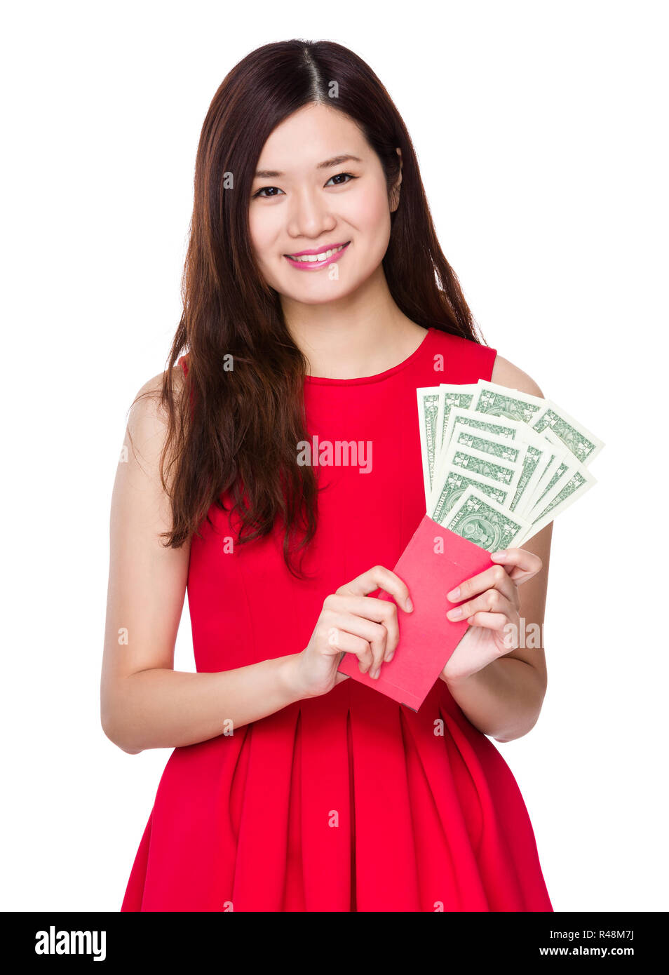 Chinese Woman hold pocket rouge avec USD Banque D'Images