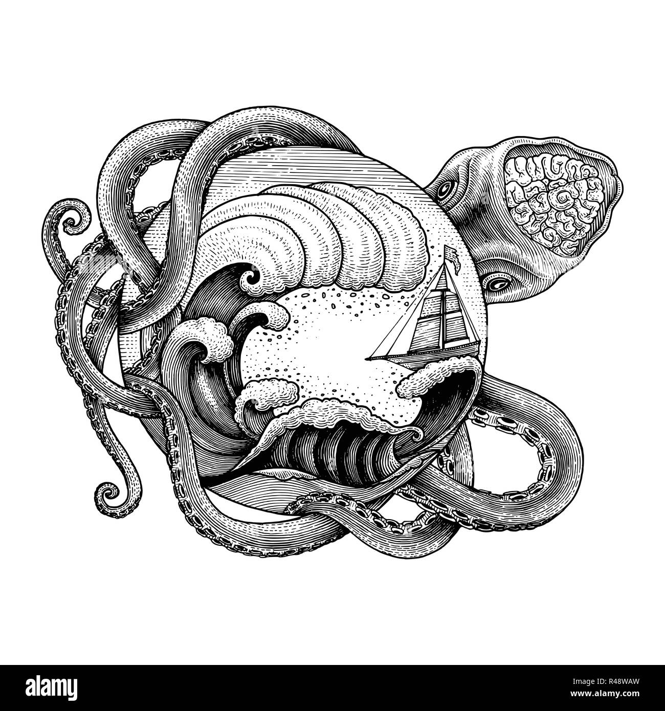 Pieuvre géante attaque le navire et grand océan vague dessin gravure illustration pour tattoo vintage Illustration de Vecteur