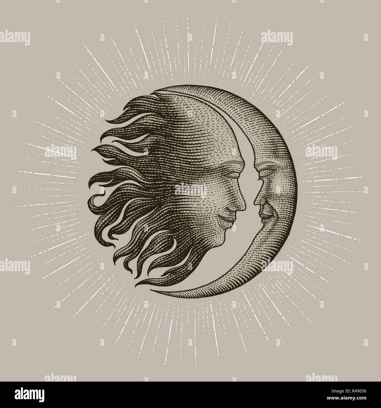 Face Au Soleil Et Lune Avec Sparkle Dessin A La Main Vintage Argent Gravure Detail Ligne Style Pour Tatouage Image Vectorielle Stock Alamy