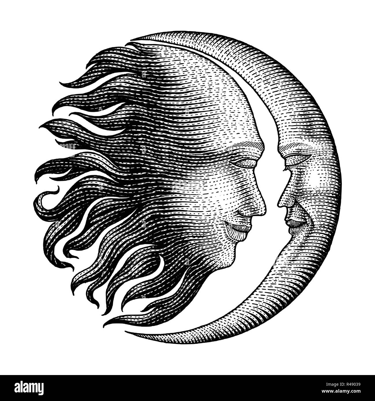 Face Au Soleil Et Lune Dessin A La Main Vintage Argent Gravure Detail Ligne Style Pour Tatouage Image Vectorielle Stock Alamy