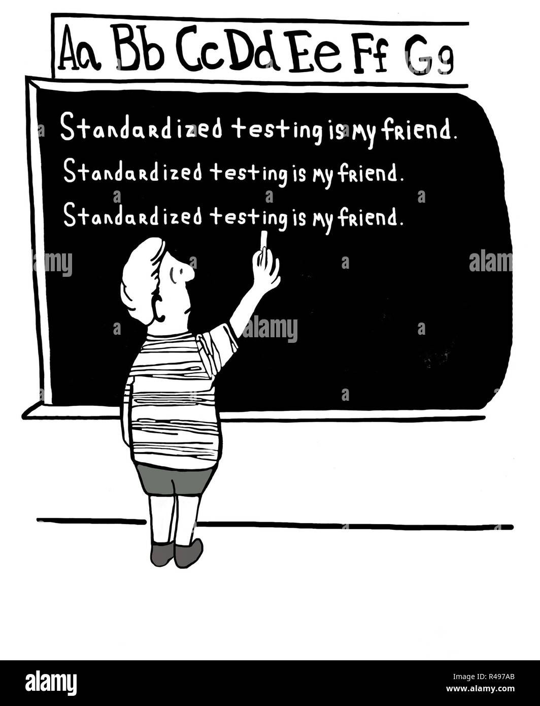 L'enseignant a fait le garçon écrire 'Standardisé testing est mon ami' 100 fois sur le tableau noir. Banque D'Images