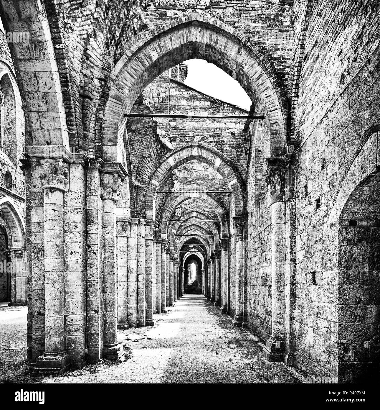 Des ruines historiques de l'abbaye abandonnée en noir et blanc Banque D'Images