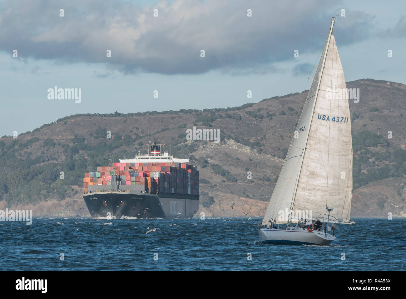 Un voilier et voyage cargo, un cargo, de se croiser sur la baie de San Francisco. Banque D'Images