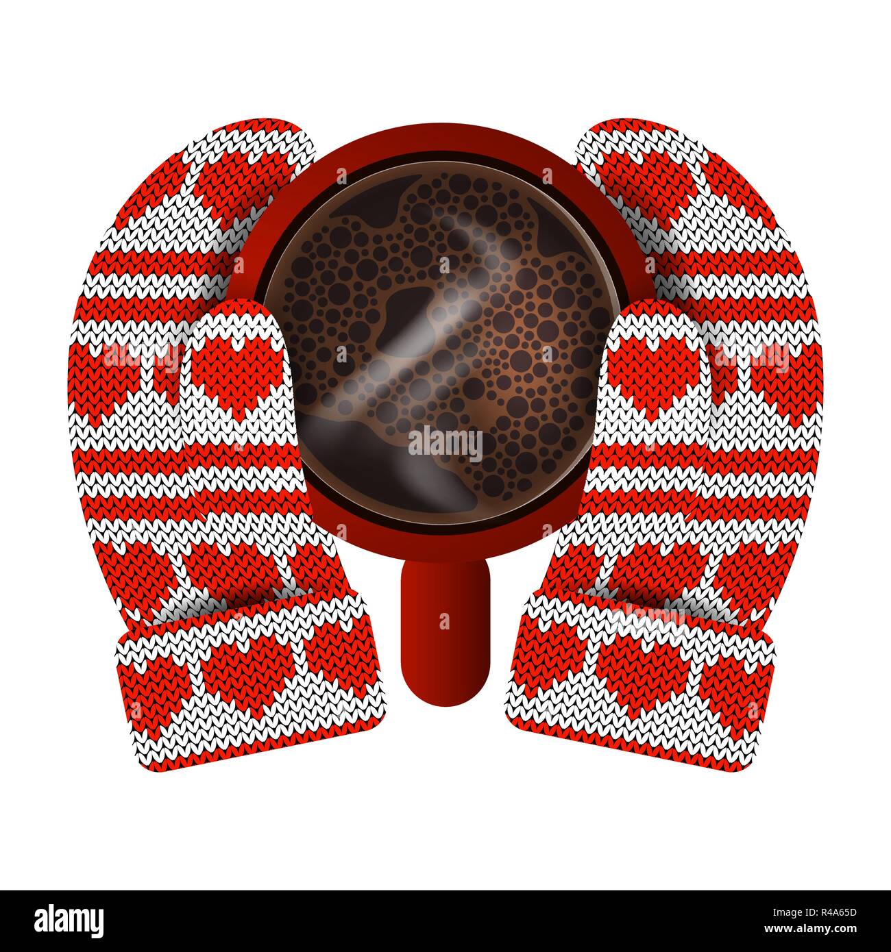Valentines Day. Dans les mains des mitaines tricotées tenir une tasse rouge avec du café chaud. Modèle de tricot de coeurs et de rayures. Rouge et Blanc Illustration de Vecteur