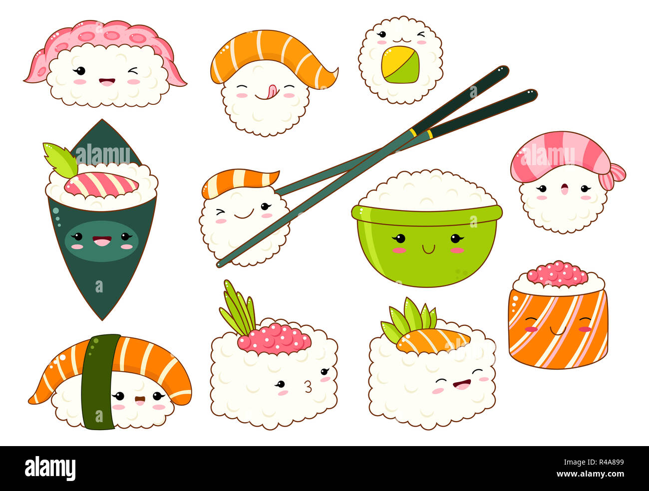 Ensemble de rouleaux de sushi et mignon des icônes dans le style kawaii avec sourire et joues roses. La cuisine traditionnelle japonaise. Temaki, baguettes, nigiri, Banque D'Images