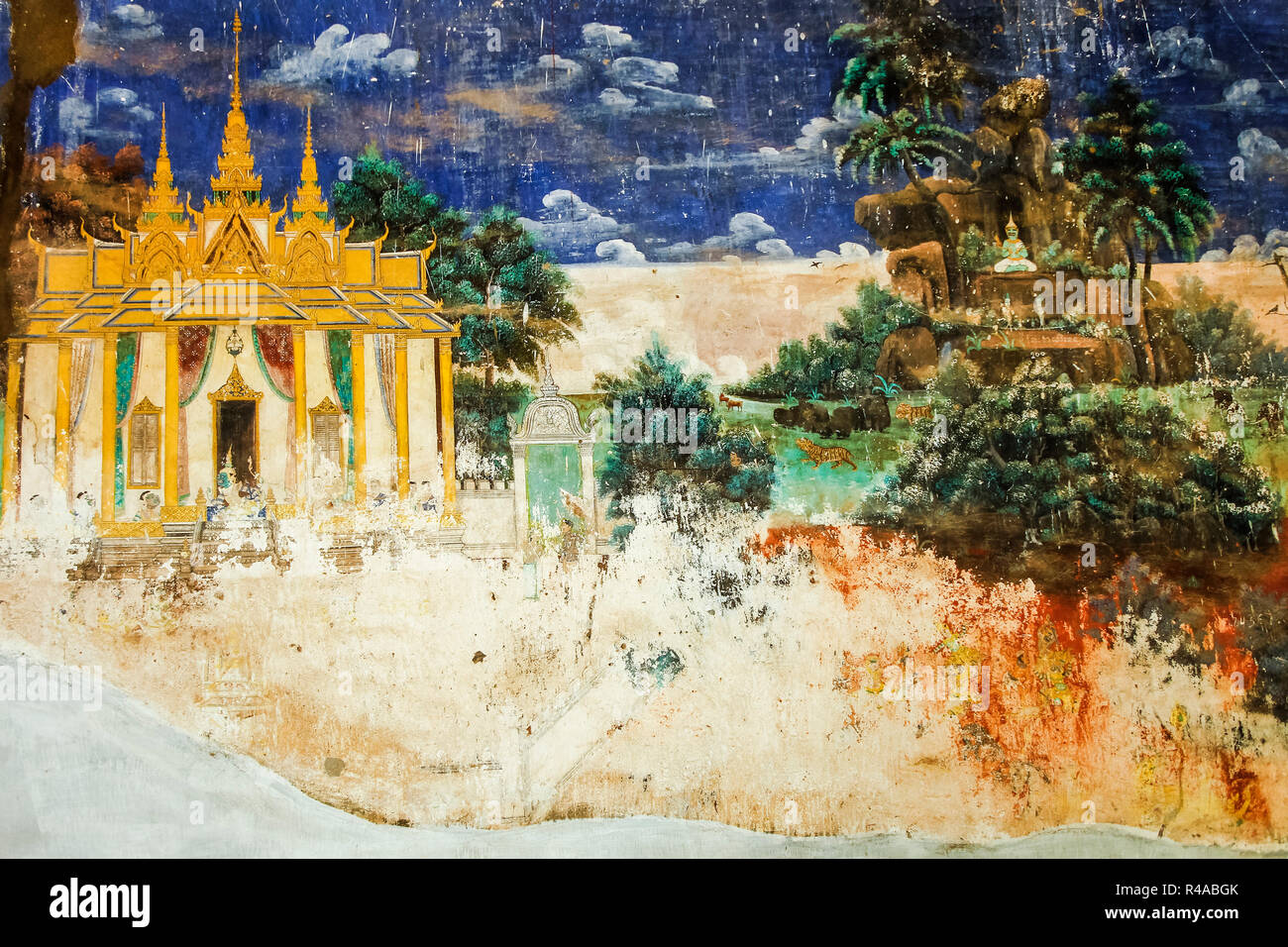 Reamker (la version khmère du Ramayana poème épique) fresque dans le Palais Royal de cloîtres. Palais Royal, Phnom Penh, Cambodge Banque D'Images
