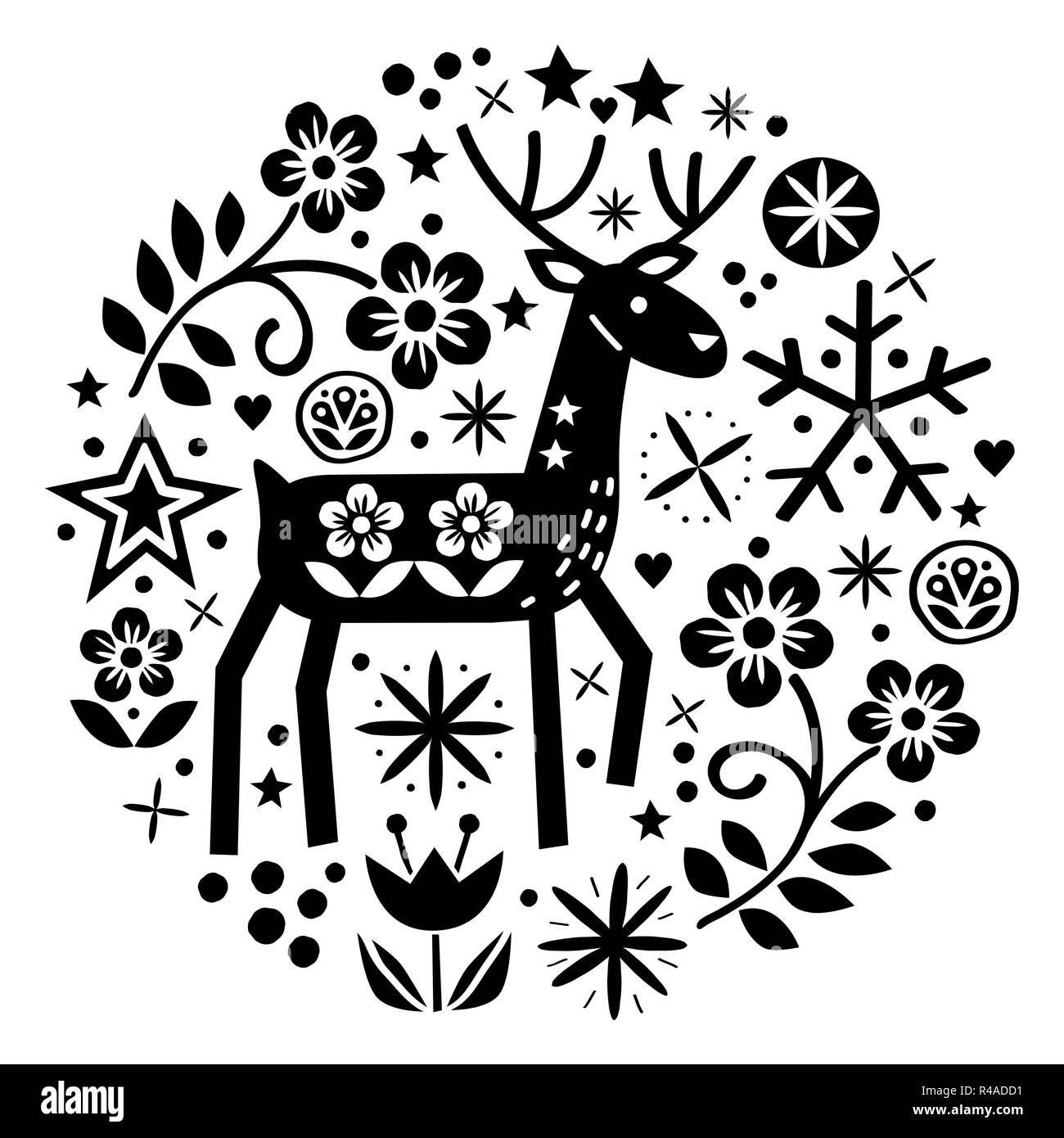 Vector design ronde de Noël avec rennes, fleurs, joli motif art populaire scandinave en noir sur fond blanc - Joyeux Noël Décoration Illustration de Vecteur