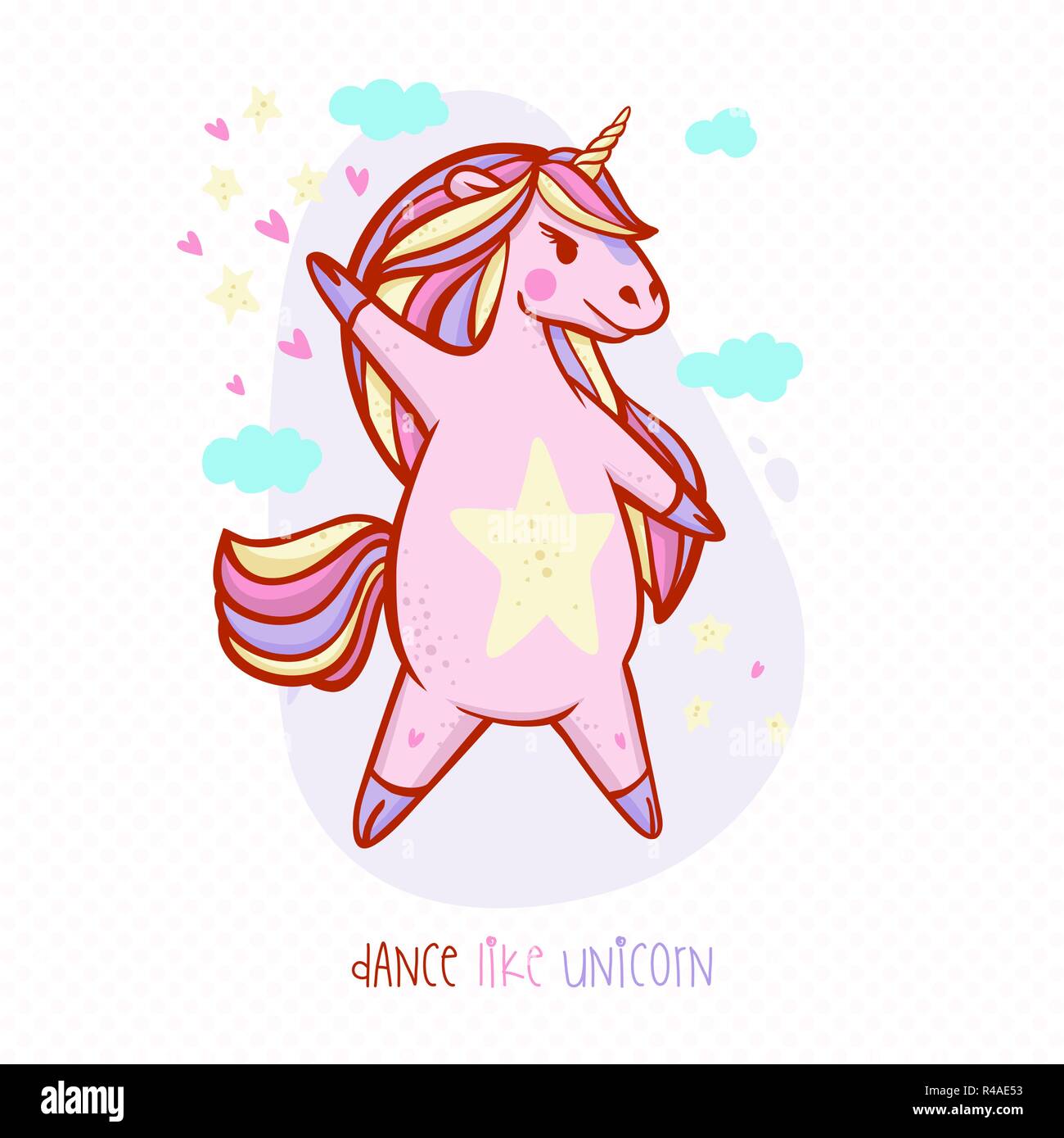 Un cadre agréable avec une licorne magique étoile sur son ventre danse comme une superstar. Unicorn mignon dans un arc-en-ciel de couleurs. Marshmallow Unicorn. Illustration de Vecteur