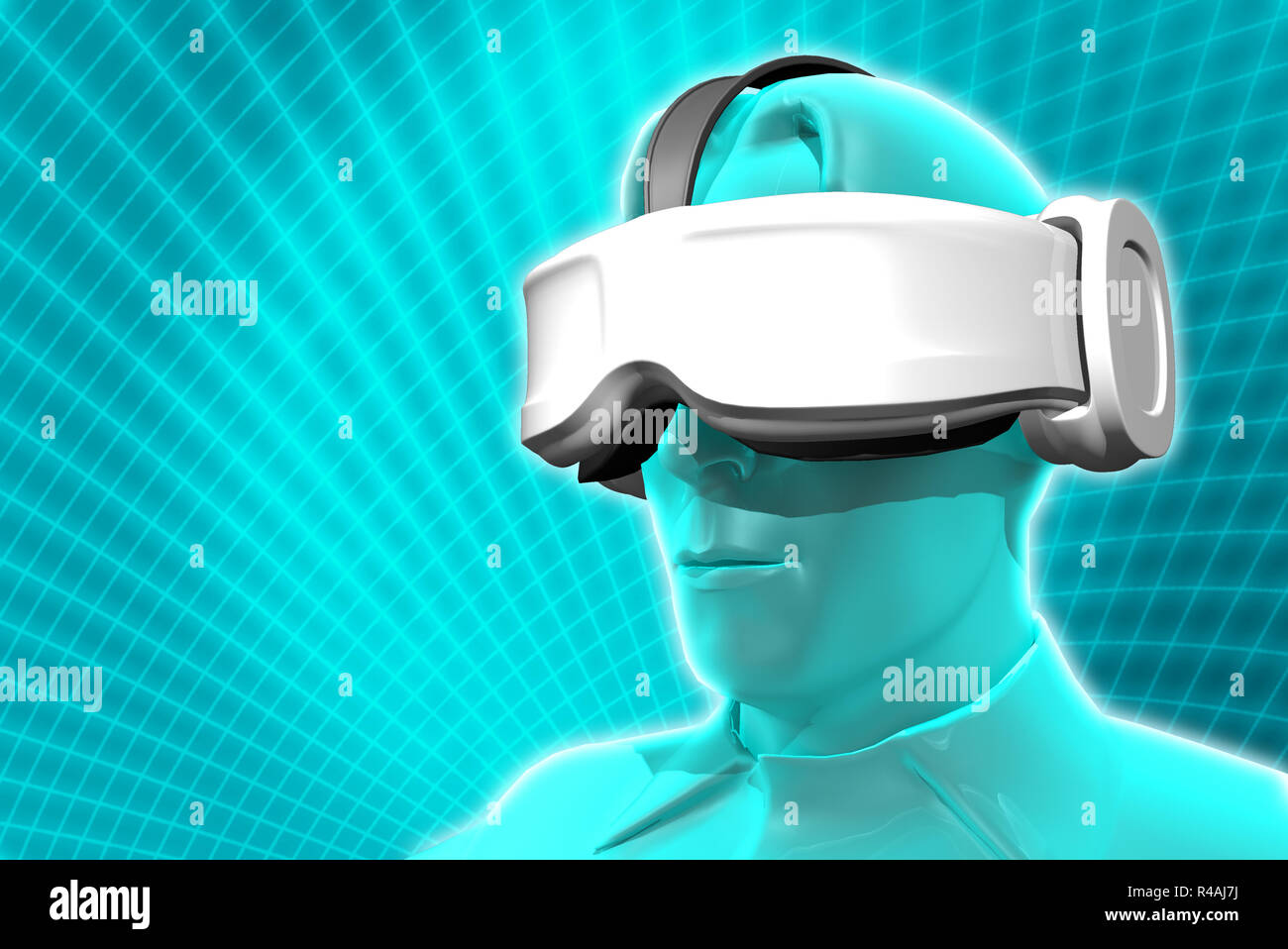 Le rendu 3D, la simulation d'usure homme virual reality casque avec grille de fond pour l'espace numérique concept futuriste Banque D'Images
