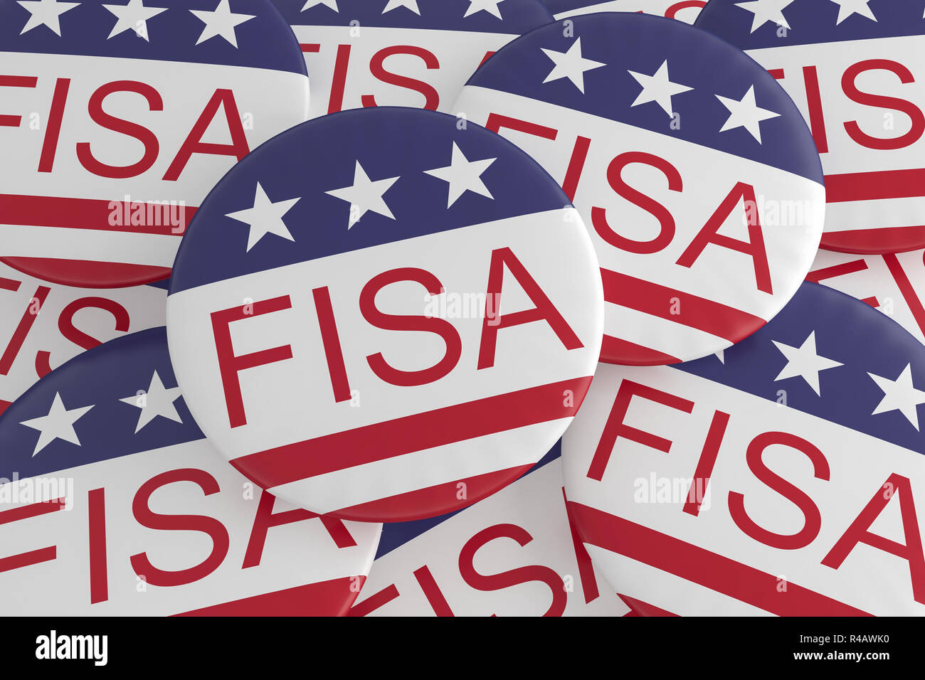 La politique USA News Badges : Pile de la FISA Foreign Intelligence Surveillance Act, boutons avec US Flag, 3d illustration Banque D'Images