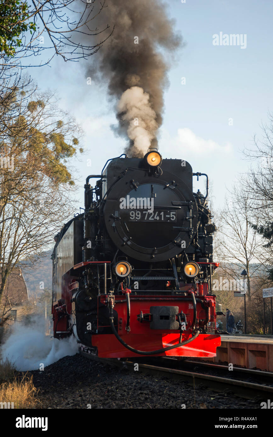 Locomotive à vapeur du Chemin de fer à voie étroite du Harz, Brocken, fer Wernigerode-Hasserode, Harz, Saxe-Anhalt, Allemagne Banque D'Images