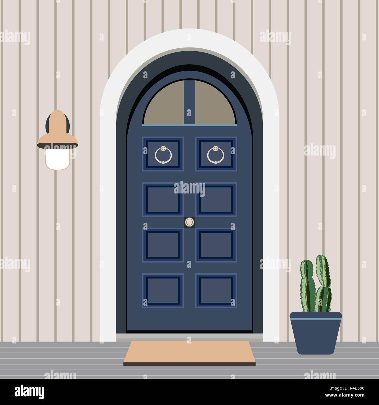 Avant la porte de la chambre avec fenêtre et plantes style plat, entrée du bâtiment façade vector illustration Illustration de Vecteur