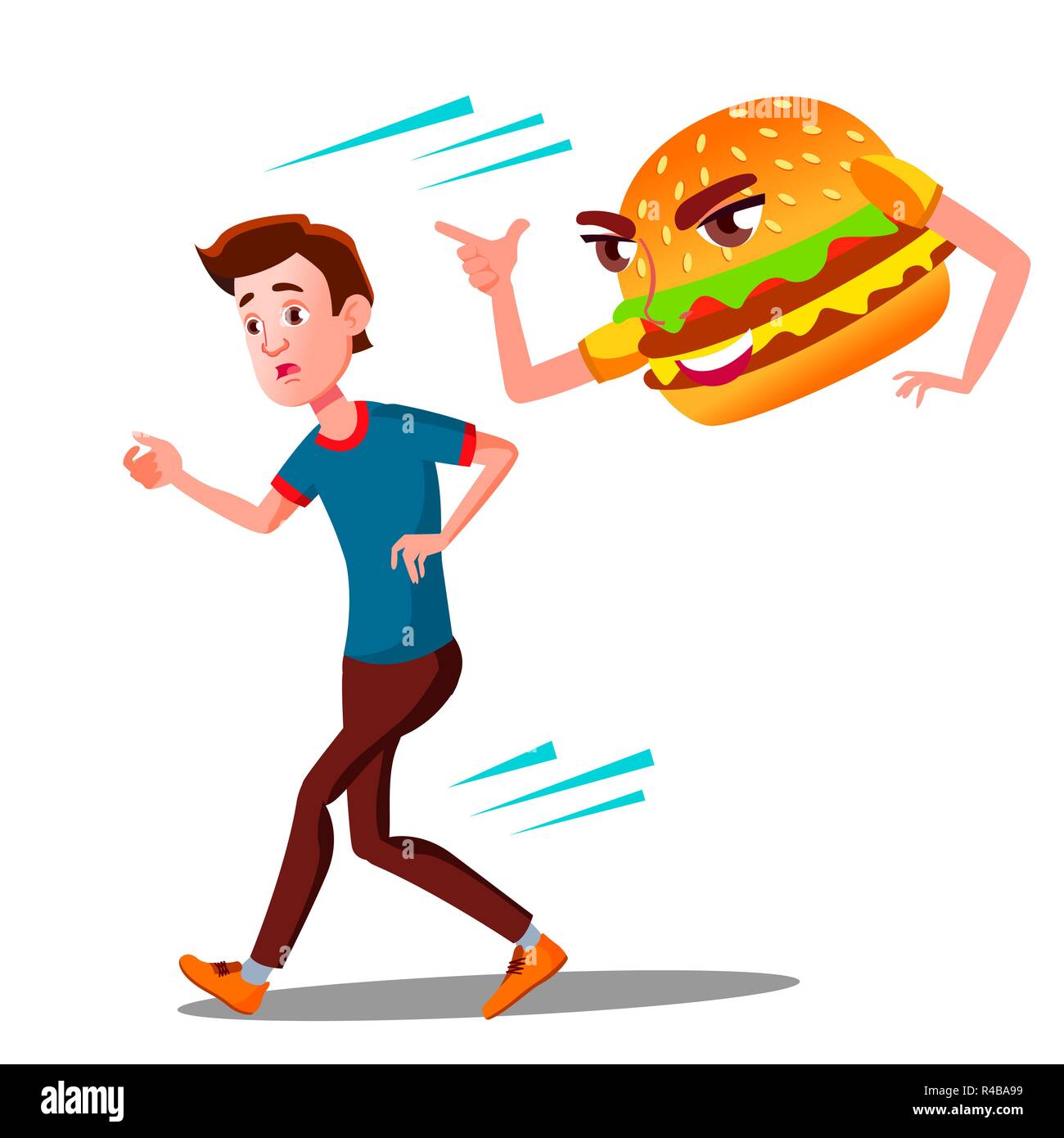 Peur Teen Guy Runing loin de Hamburger vecteur. Cartoon illustration isolé Illustration de Vecteur