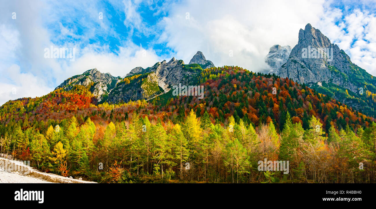Vue panoramique de Jof di Montasio en couleurs automnales dans les Alpes Juliennes, Val Dogna, Friuli Venezia Giulia, Italie Banque D'Images