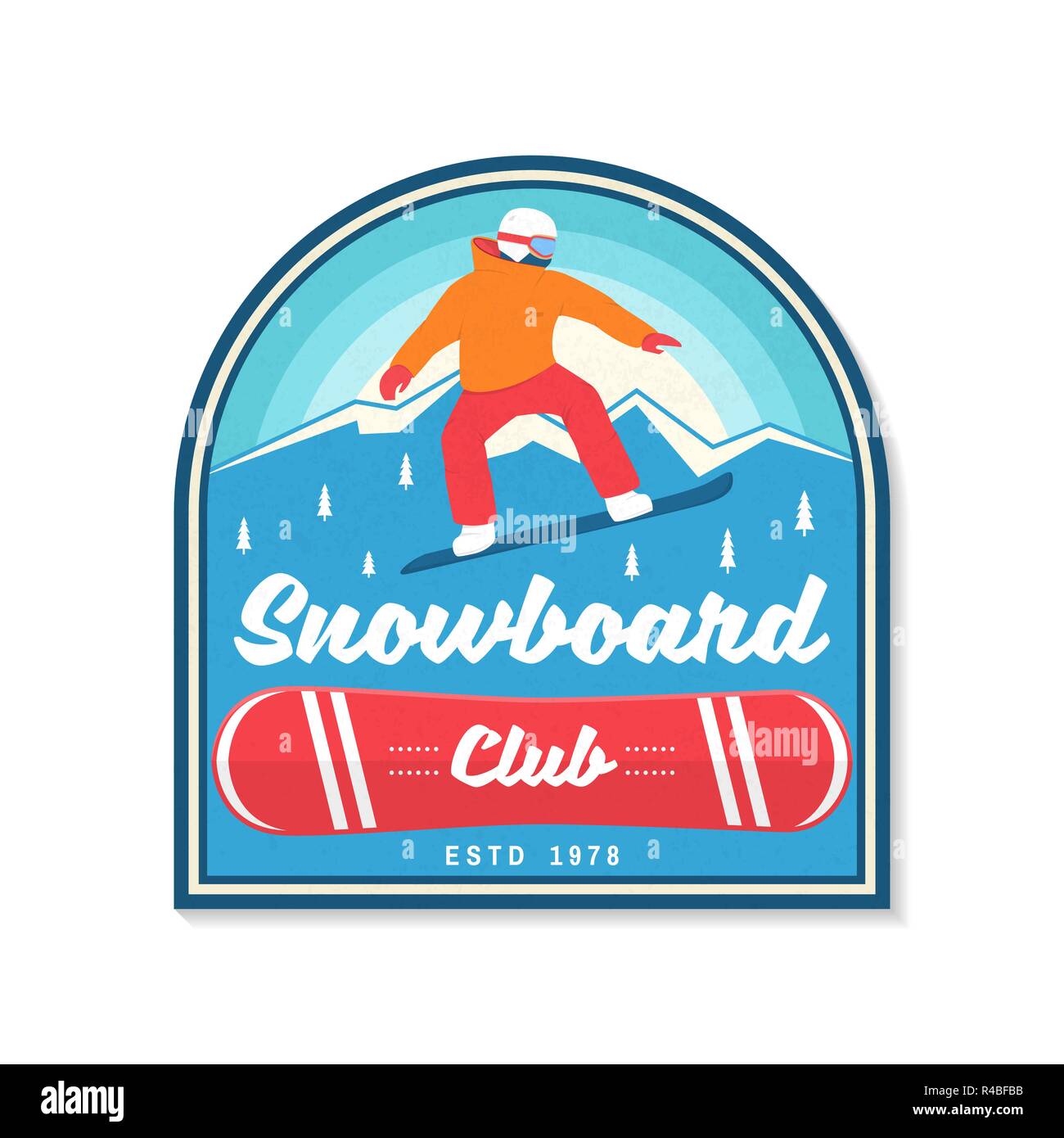 Snowboard Club. Vector illustration. Concept pour patch, shirt, impression, stamp ou tee. Typographie vintage design avec snowboarder et silhouette de montagne. Sport extrême. Illustration de Vecteur