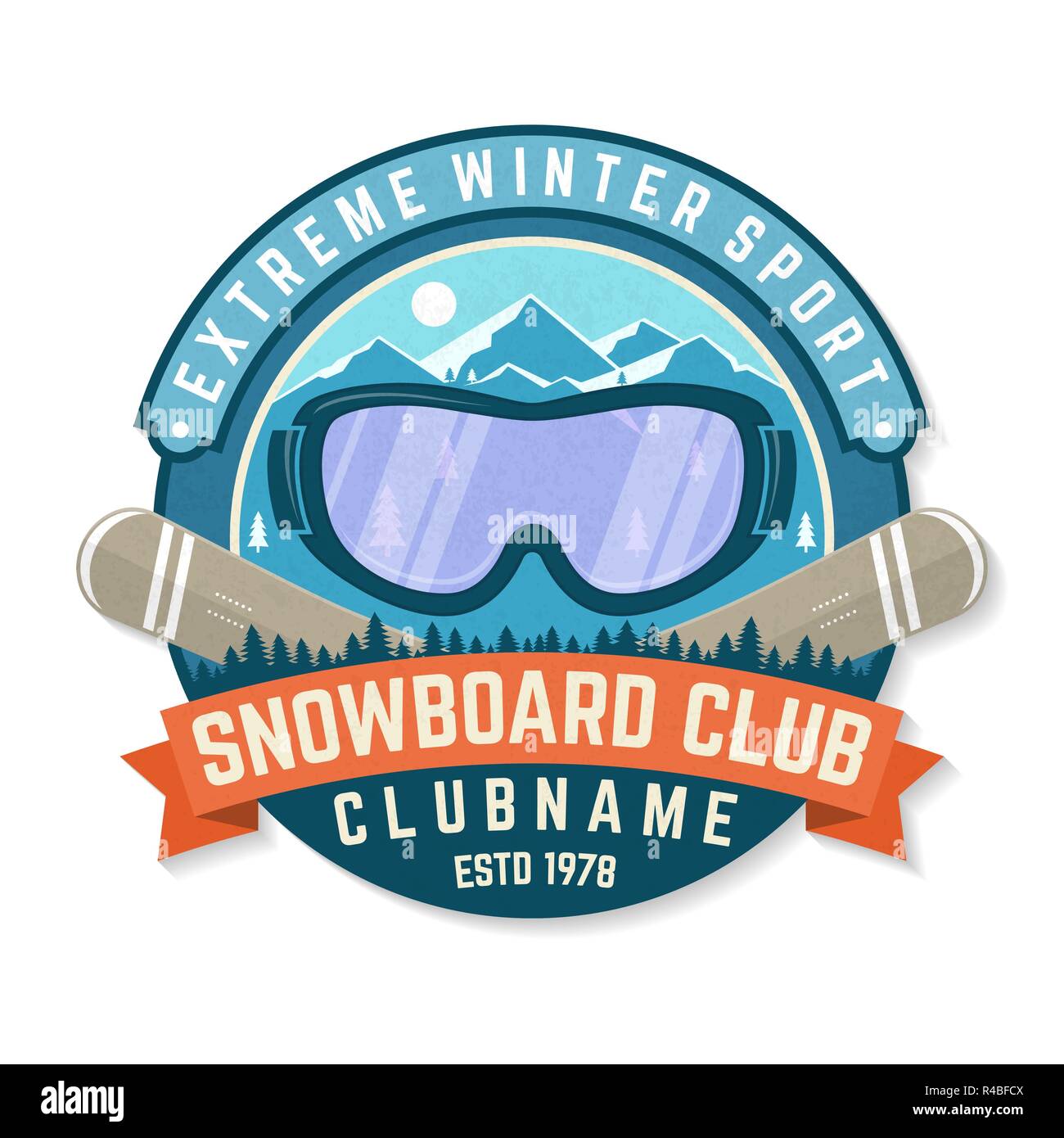 Snowboard Club patch. Vector illustration. Concept pour maillot , imprimer, stamp, patch ou tee. Design typographie vintage avec des montagnes et des lunettes de snowboard silhouette. Extreme sport d'hiver. Illustration de Vecteur