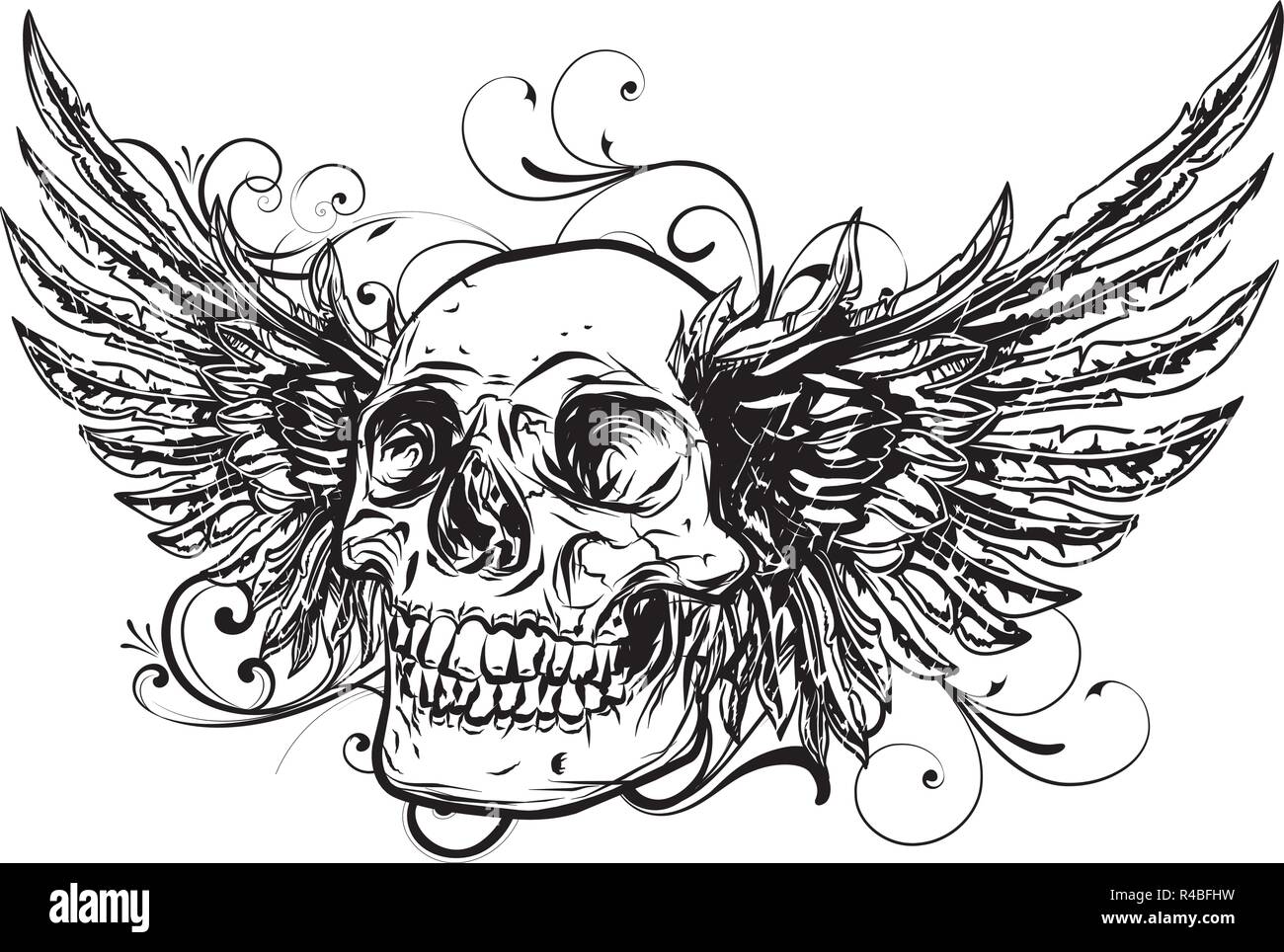 Crâne humain avec des ailes de conception de tatouage. vector illustration Illustration de Vecteur