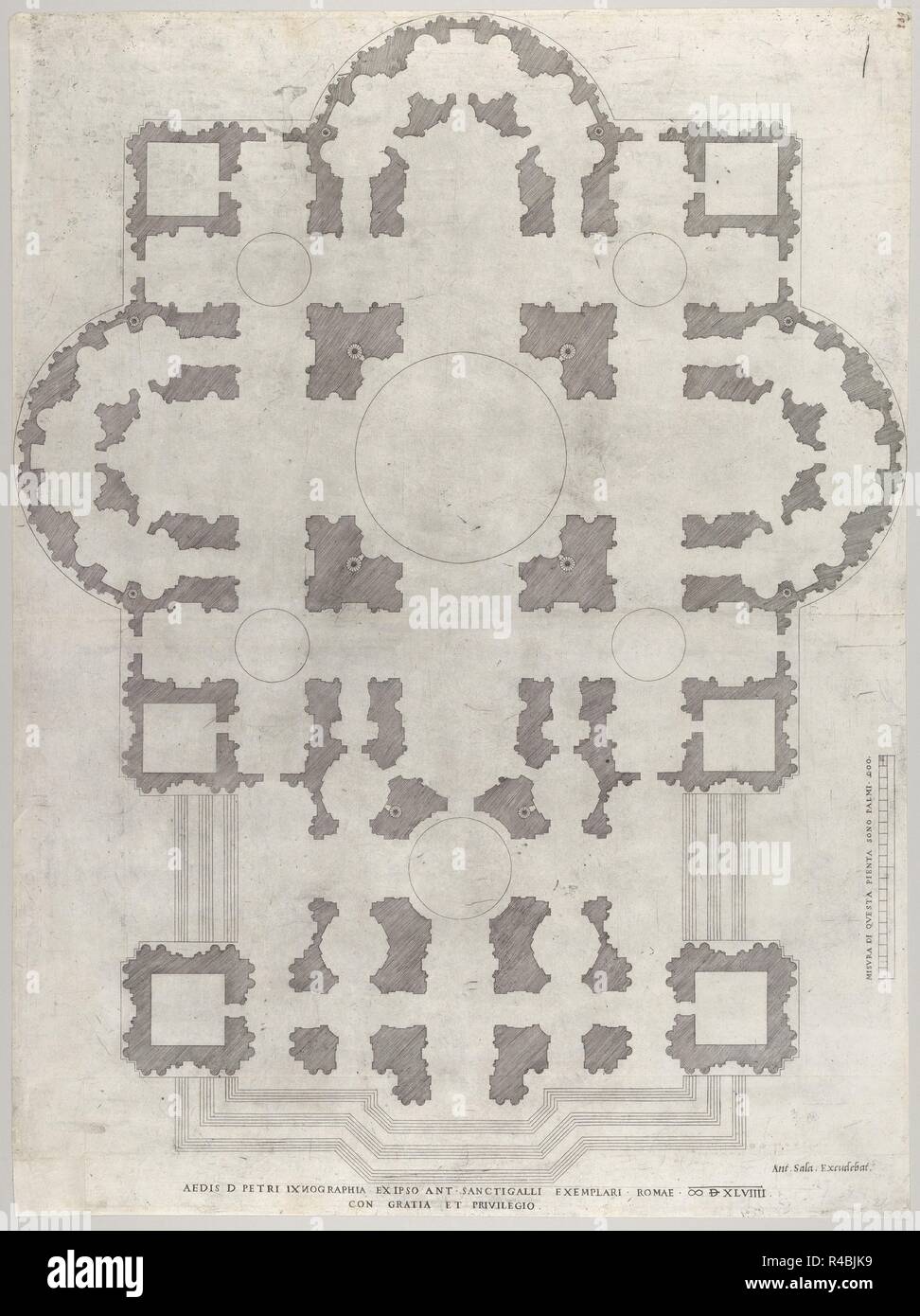 Speculum Romanae Magnificentiae : Plan de Saint Peter's. Artiste : Après Antonio da Labacco (Italien, près de Vigevano ca. 1495-après 1567) ; après, Antonio da Sangallo le Jeune (Italien, Florence 1484-1546 Terni). Fiche technique : Dimensions : 22 x 16 5/8 à 13/16. (57,5 x 42,7 cm). Editeur : Antonio Salamanca Salamanca (1478-1562) de Rome. Series/portefeuille : Speculum Romanae Magnificentiae. Date : 1549. Cette impression vient de la copie du musée du Speculum Romanae Magnificentiae (le miroir de la Magnificence romaine) Le Speculum a trouvé son origine dans le secteur de l'édition s'efforce d'Antonio Salamanca et Antonio Lafrer Banque D'Images