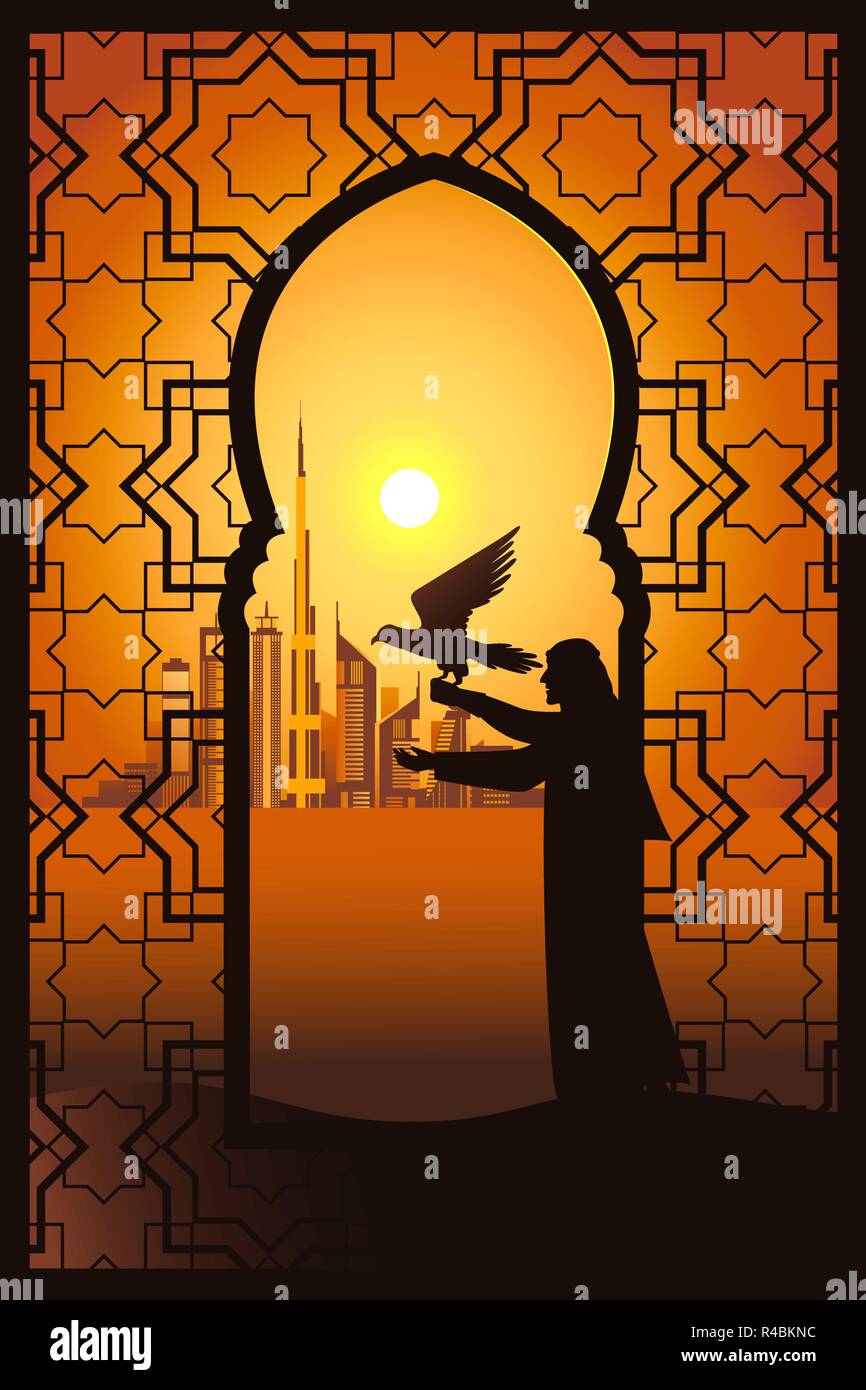 Falconer au coucher du soleil dans le désert sur la ville de Dubai vector illustration d'arrière-plan. Vue à travers la fenêtre arabesque traditionnels. Illustration de Vecteur