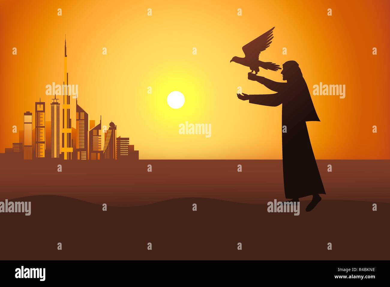 Falconer au coucher du soleil dans le désert sur la ville de Dubai background vector illustration Illustration de Vecteur